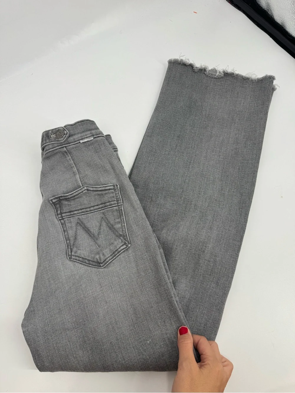 MOTHER The Loop Fray Jeans Beam Me Up Gray High Waist Raw Hem Womens Size 25